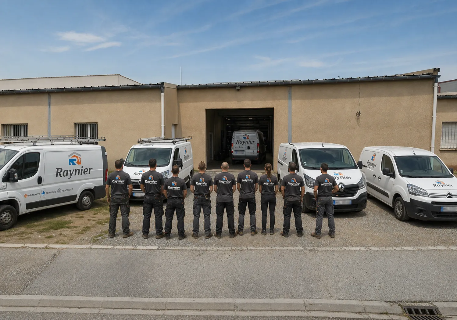 L'équipe Raynier devant ses véhicules professionnels
