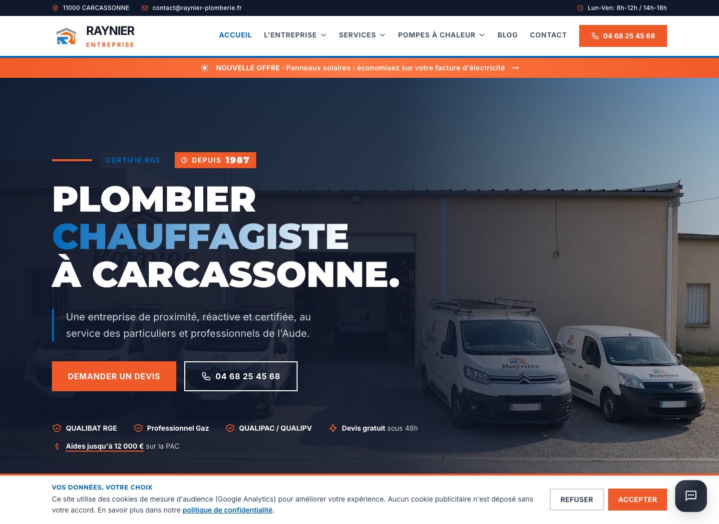 Le site Raynier Plomberie : présentation du plombier-chauffagiste à Carcassonne